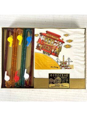 Monogram Whistle Pak Rex May SF Cable Car Napkins Whistle Straws Swizzles NOS